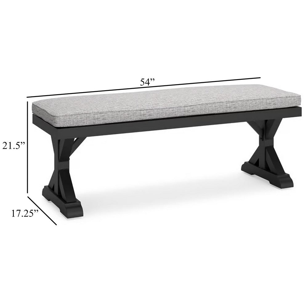 Benjara Tira Outdoor Bench, Gray Nuvella, 54 Inch, Black Wicker Trestle Base