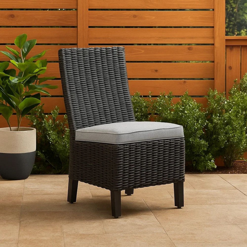 Benjara Tira Indoor Outdoor Side Chair Set of 2, Black Wicker, Gray Nuvella