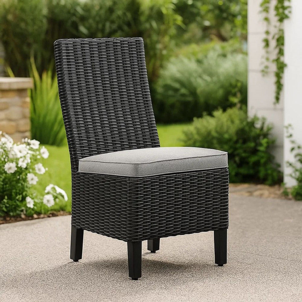 Benjara Tira Indoor Outdoor Side Chair Set of 2, Black Wicker, Gray Nuvella