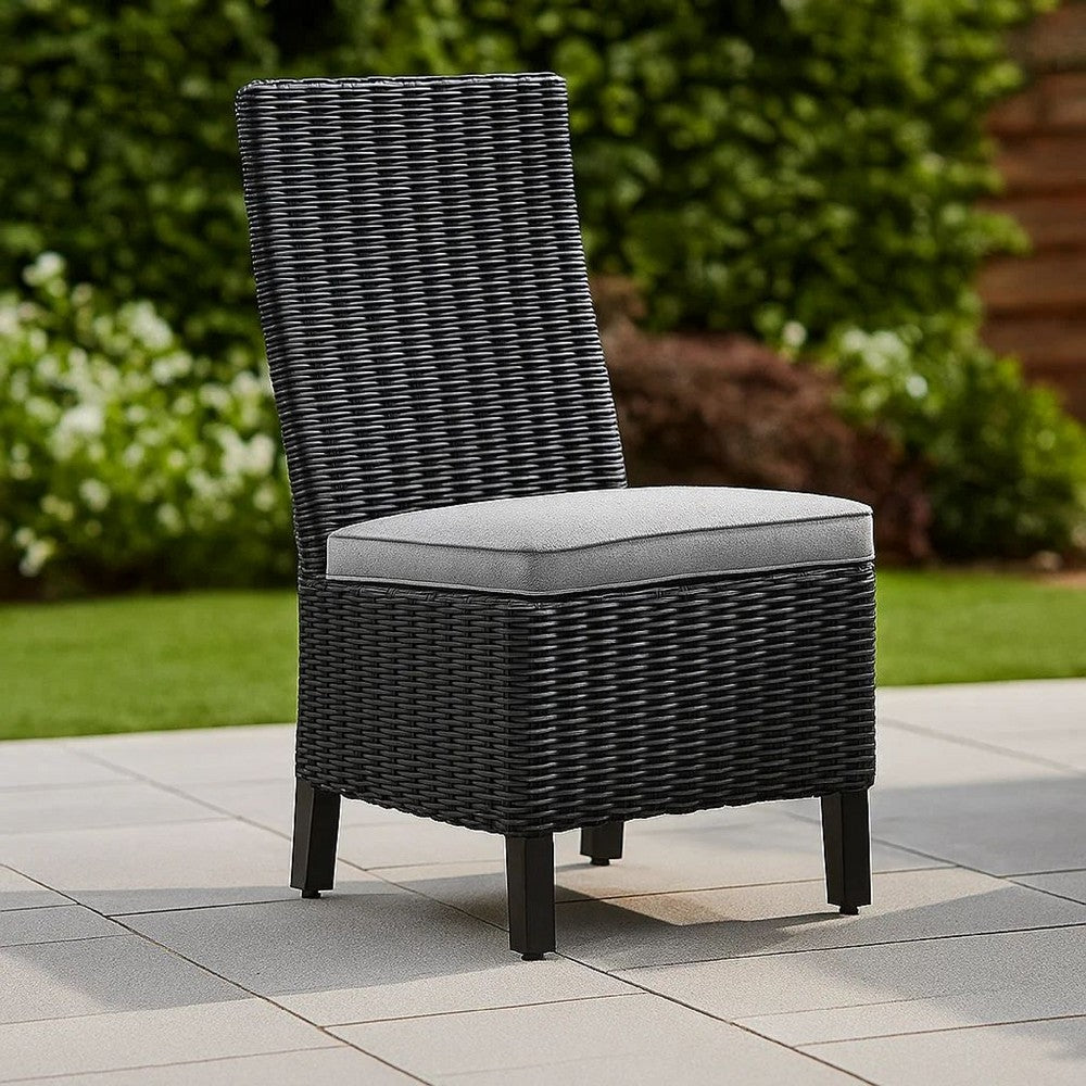 Benjara Tira Indoor Outdoor Side Chair Set of 2, Black Wicker, Gray Nuvella