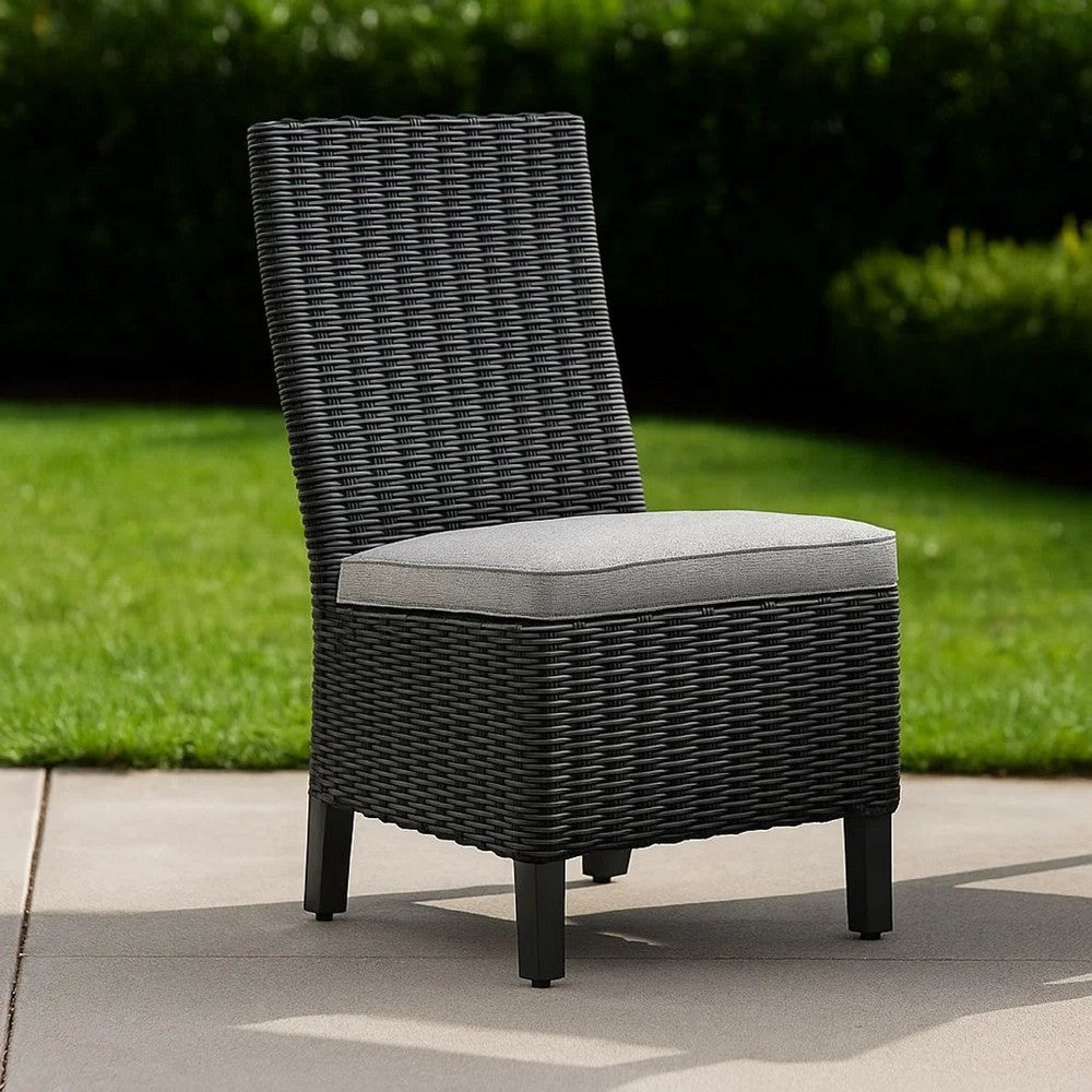 Benjara Tira Indoor Outdoor Side Chair Set of 2, Black Wicker, Gray Nuvella