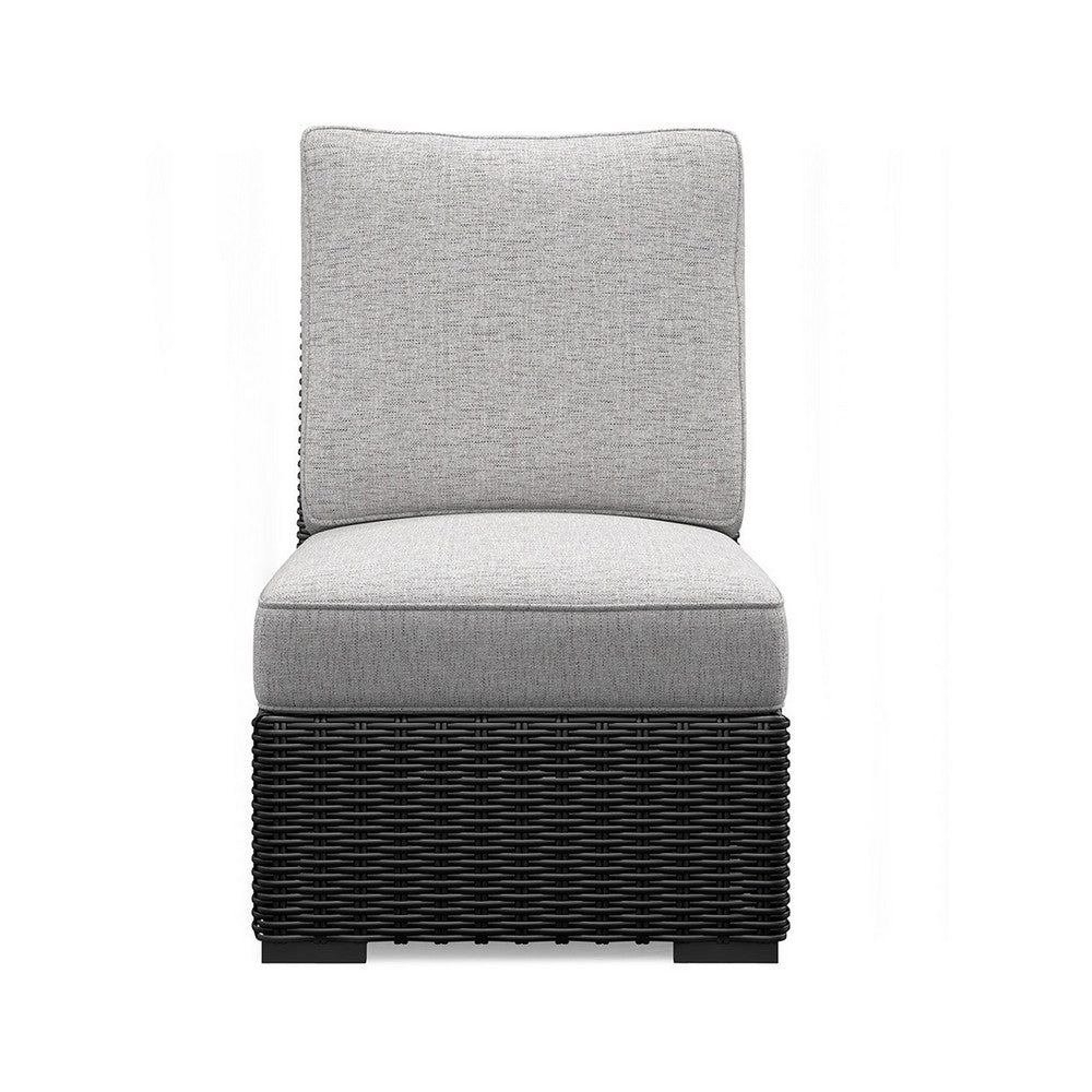 Benjara Tira Outdoor Modular Armless Chair, Black Woven Wicker, Gray Nuvella