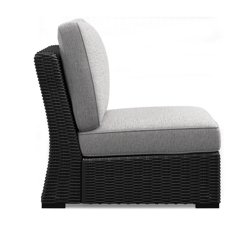 Benjara Tira Outdoor Modular Armless Chair, Black Woven Wicker, Gray Nuvella