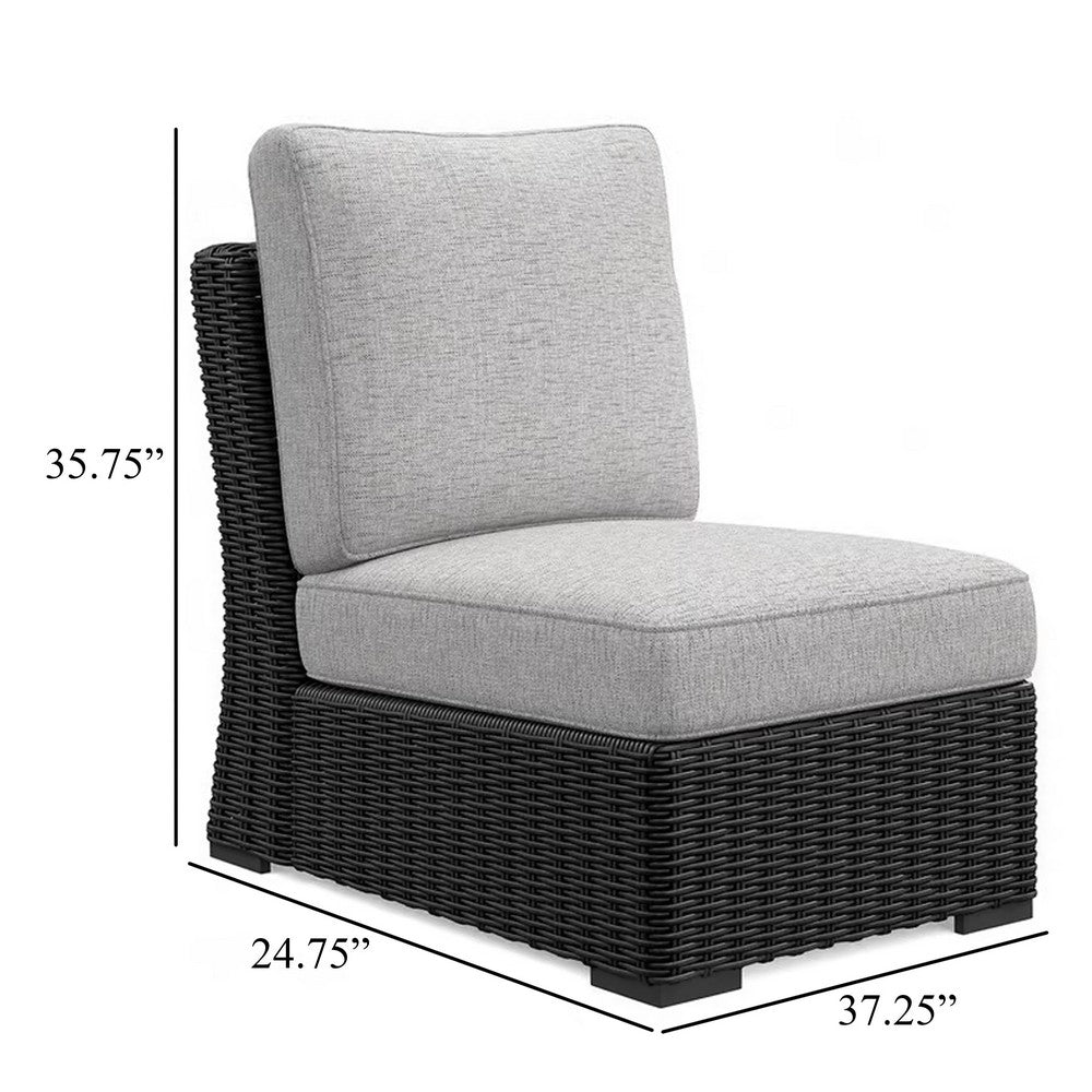 Benjara Tira Outdoor Modular Armless Chair, Black Woven Wicker, Gray Nuvella