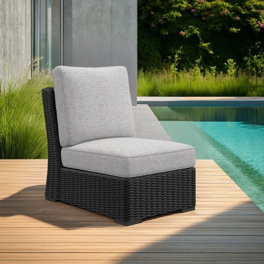 Benjara Tira Outdoor Modular Armless Chair, Black Woven Wicker, Gray Nuvella