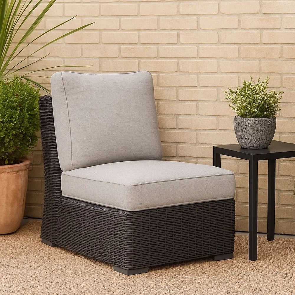 Benjara Tira Outdoor Modular Armless Chair, Black Woven Wicker, Gray Nuvella
