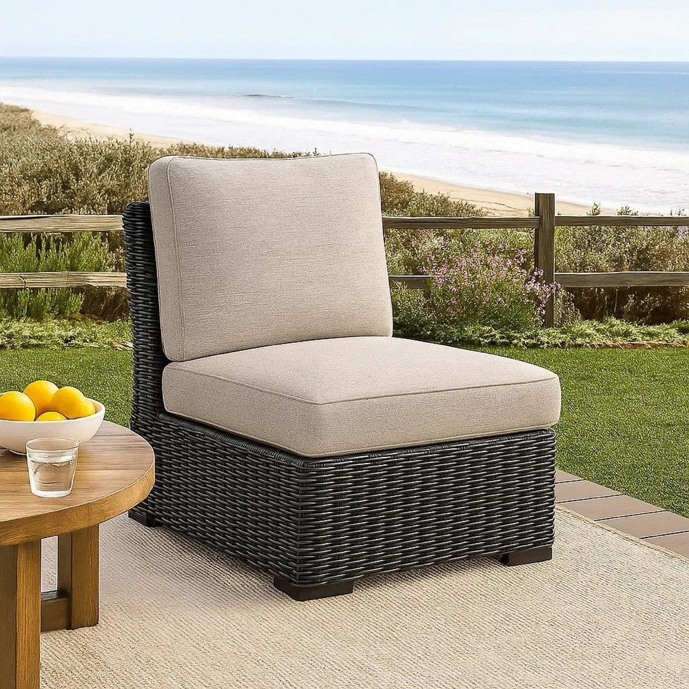 Benjara Tira Outdoor Modular Armless Chair, Black Woven Wicker, Gray Nuvella
