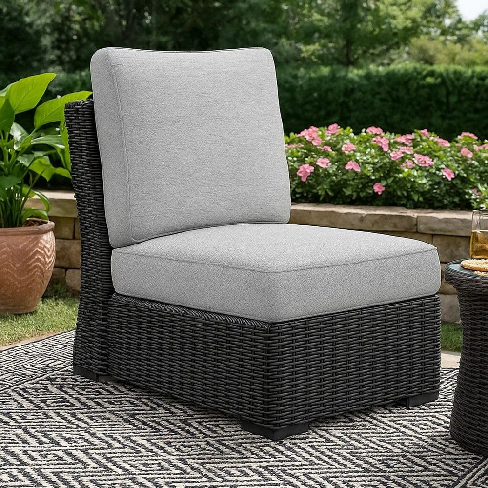 Benjara Tira Outdoor Modular Armless Chair, Black Woven Wicker, Gray Nuvella