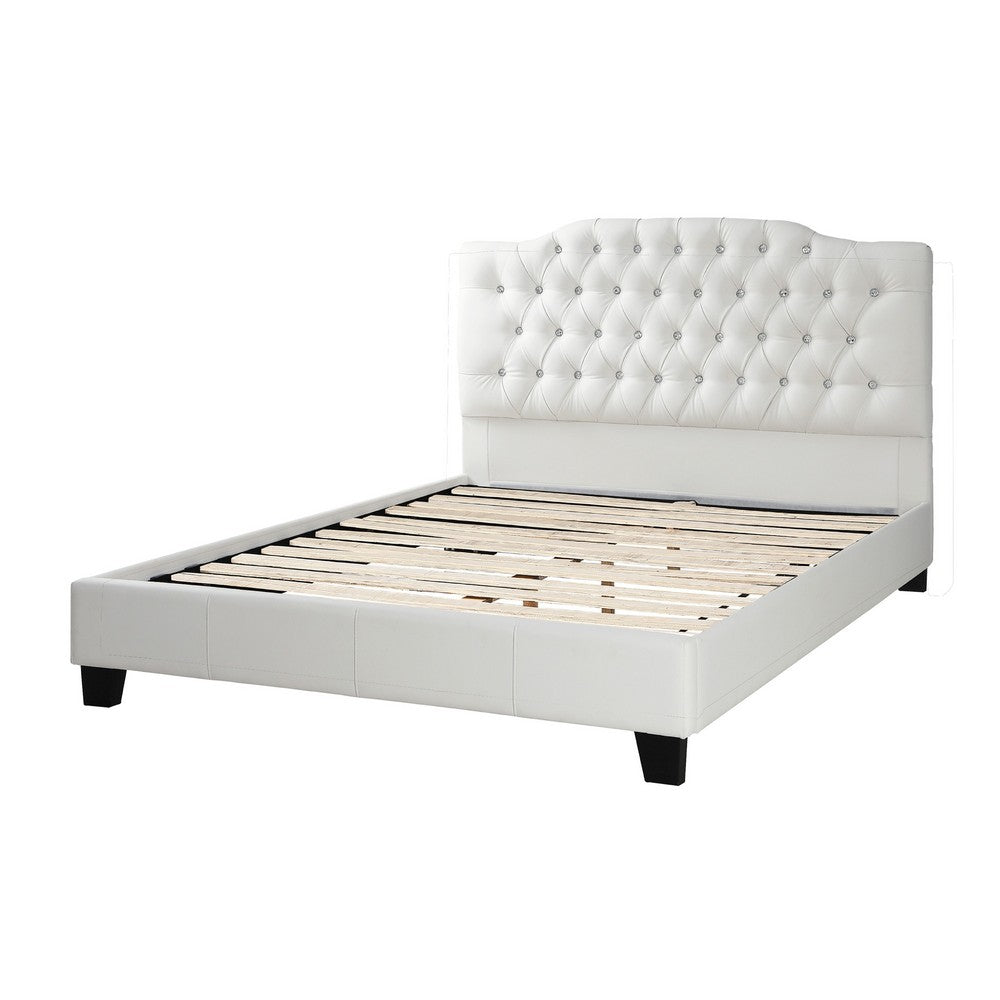 Benjara Full Size Bed, Tufted Curved, White Faux Leather Upholstered Pine Wood