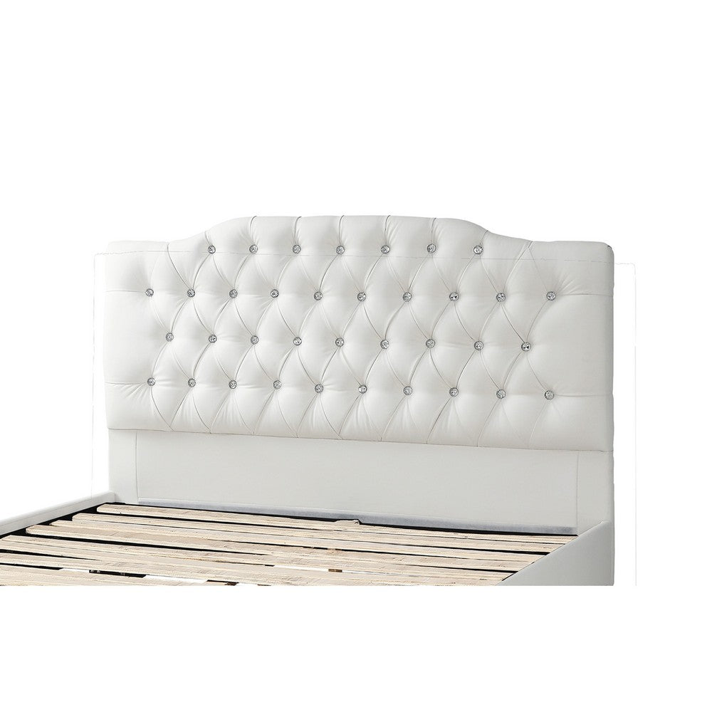 Benjara Full Size Bed, Tufted Curved, White Faux Leather Upholstered Pine Wood