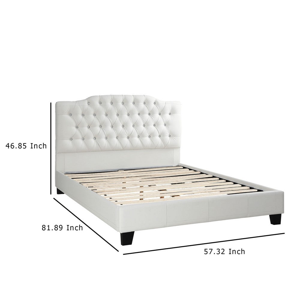 Benjara Full Size Bed, Tufted Curved, White Faux Leather Upholstered Pine Wood