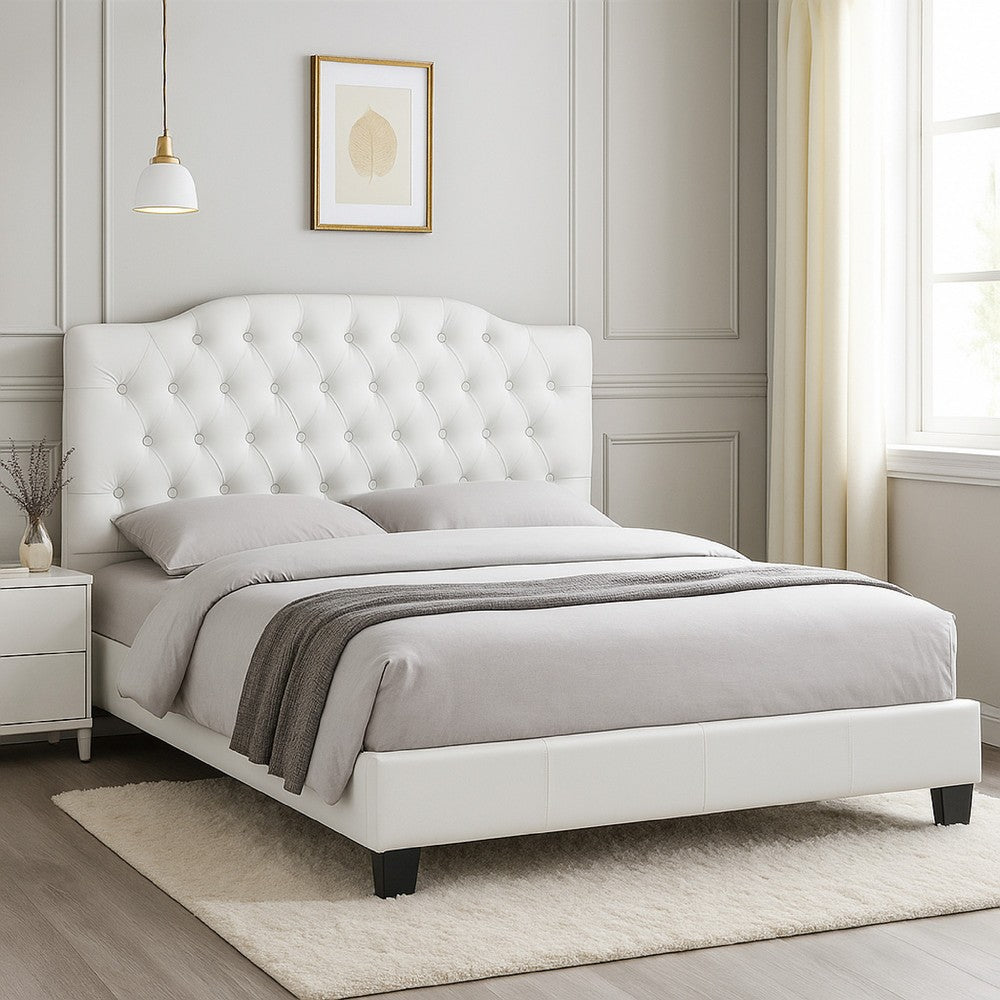 Benjara Full Size Bed, Tufted Curved, White Faux Leather Upholstered Pine Wood
