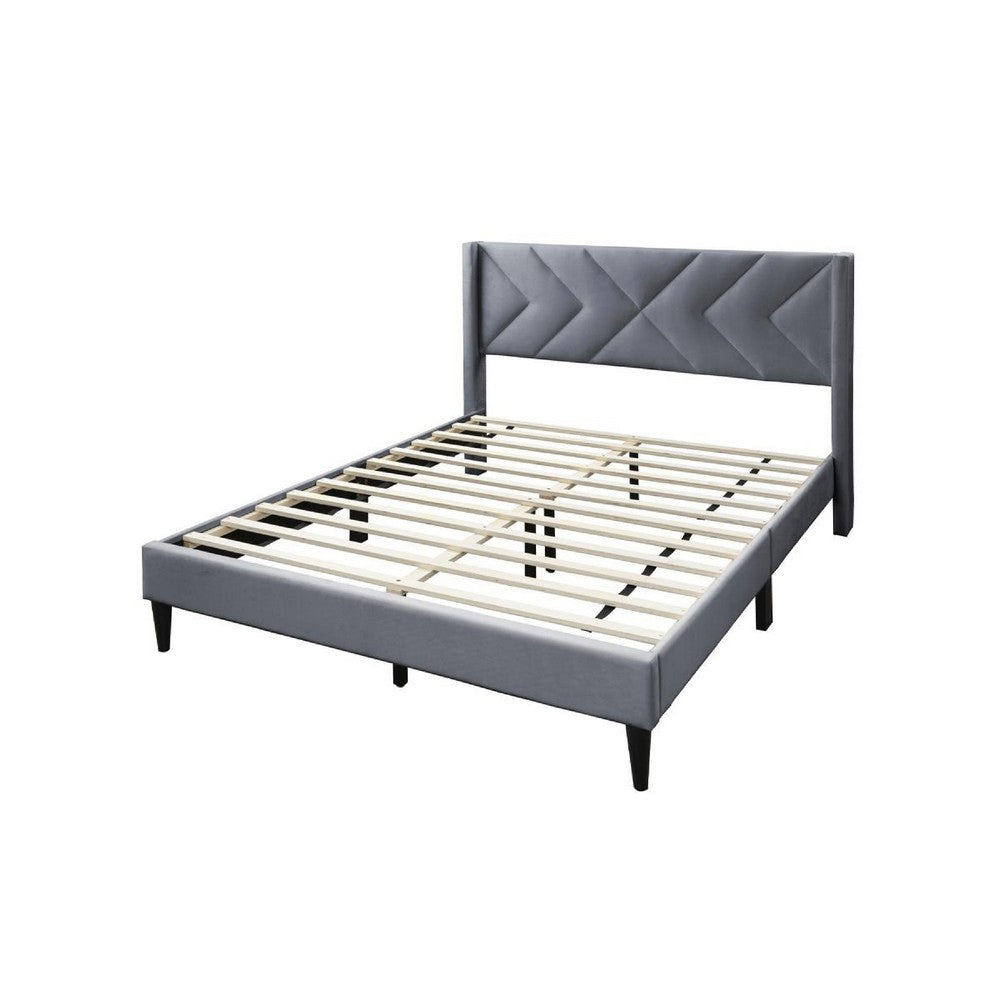 Benjara Reno Queen Size Bed, Modern X Channel Tufted Gray Velvet Upholstery