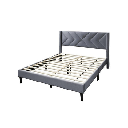 Benjara Reno Queen Size Bed, Modern X Channel Tufted Gray Velvet Upholstery