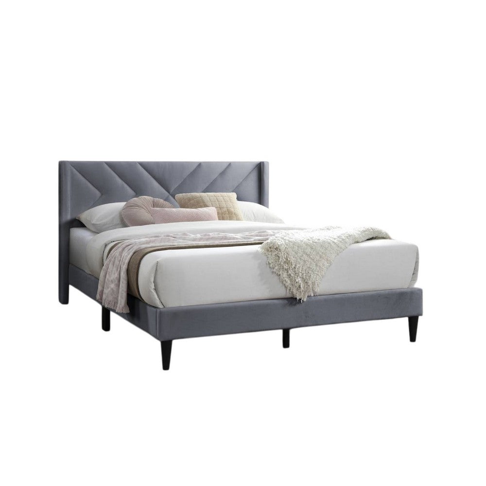 Benjara Reno Queen Size Bed, Modern X Channel Tufted Gray Velvet Upholstery