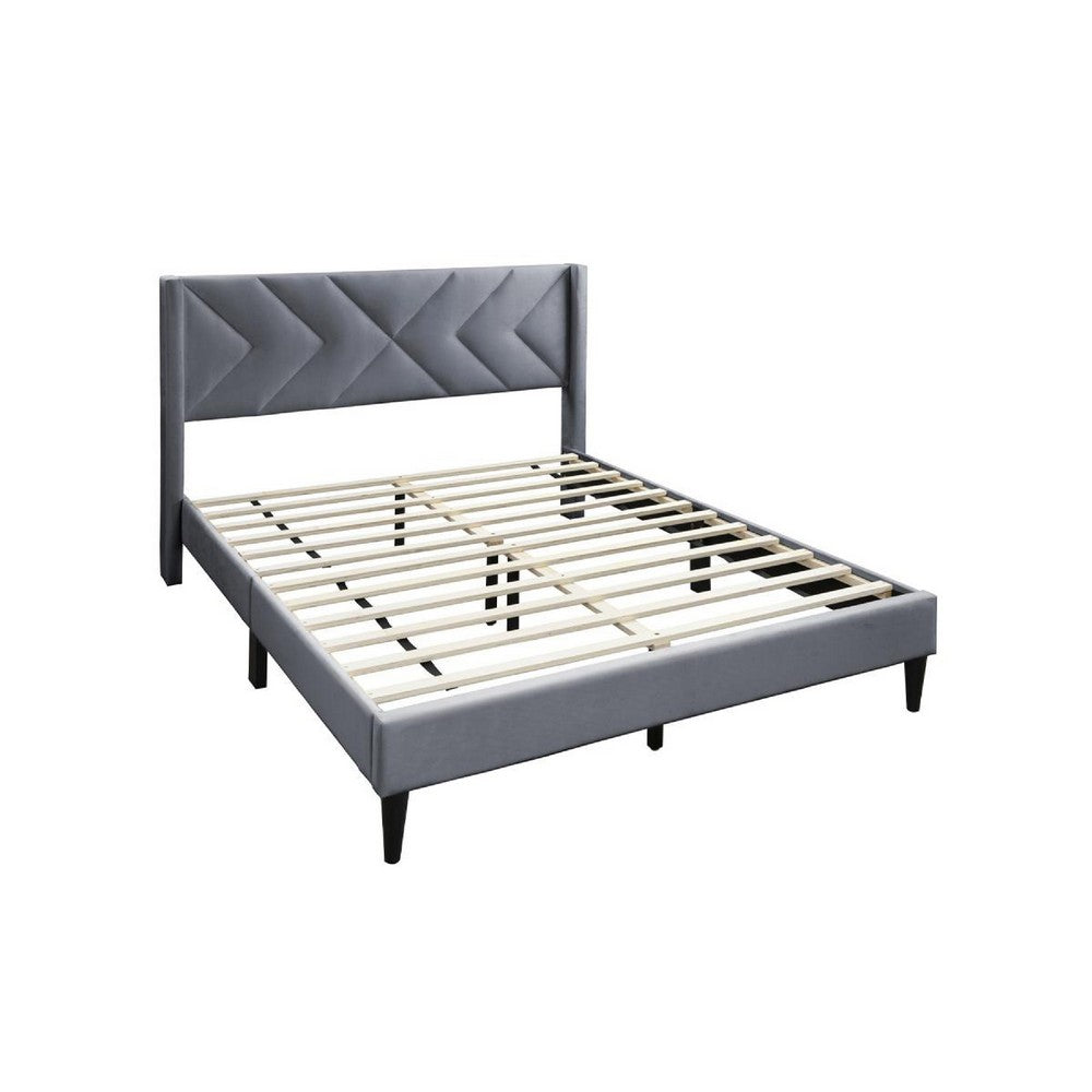 Benjara Reno Queen Size Bed, Modern X Channel Tufted Gray Velvet Upholstery