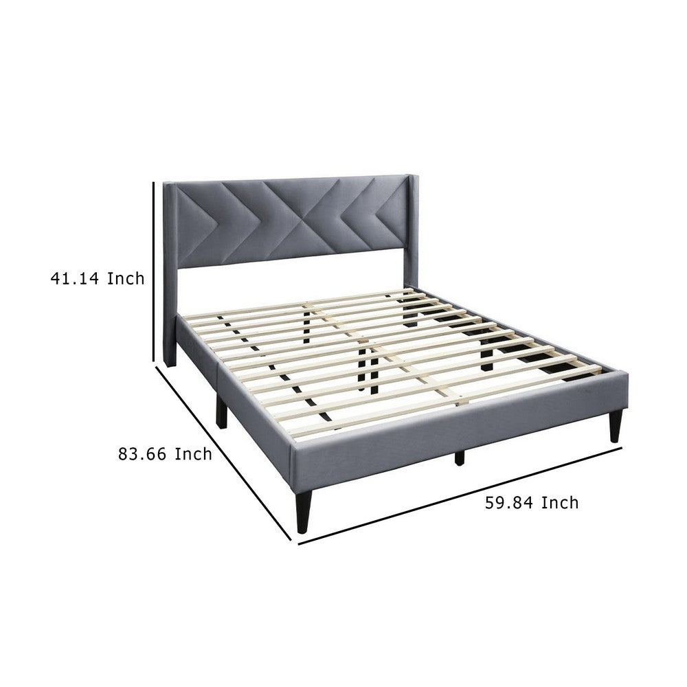 Benjara Reno Queen Size Bed, Modern X Channel Tufted Gray Velvet Upholstery