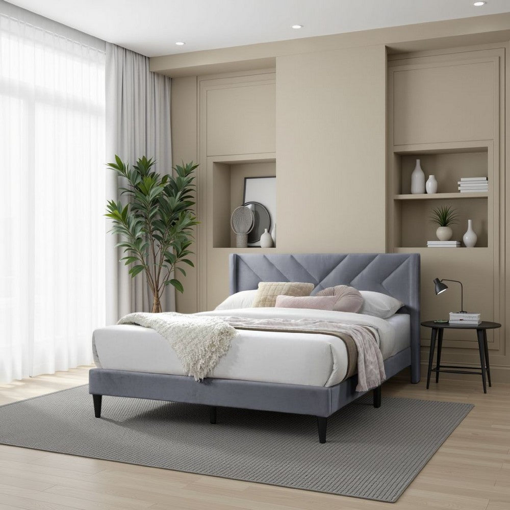 Benjara Reno Queen Size Bed, Modern X Channel Tufted Gray Velvet Upholstery