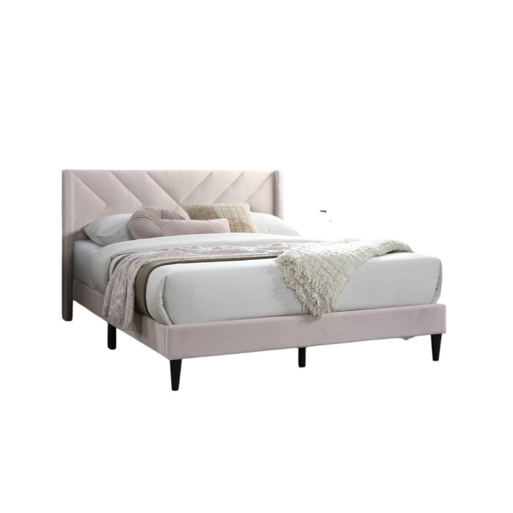 Benjara Reno Queen Size Bed, Modern X Channel Tufted Pink Velvet Upholstery