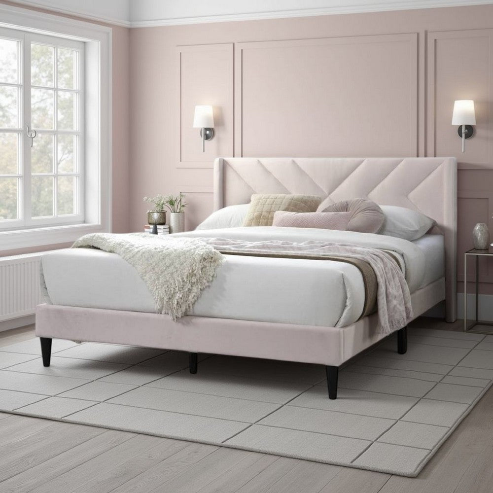 Benjara Reno Queen Size Bed, Modern X Channel Tufted Pink Velvet Upholstery
