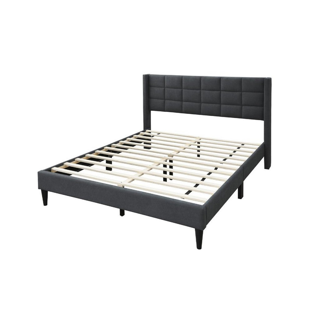 Benjara Meno Queen Size Bed, Square Stitched Charcoal Gray Linen Upholstery