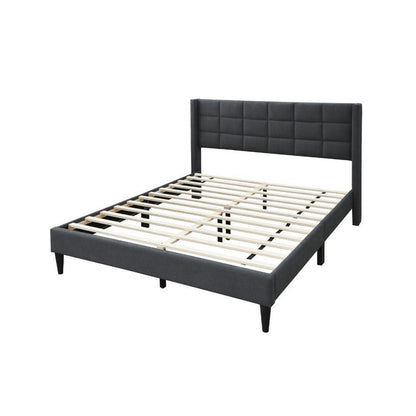 Benjara Meno Queen Size Bed, Square Stitched Charcoal Gray Linen Upholstery