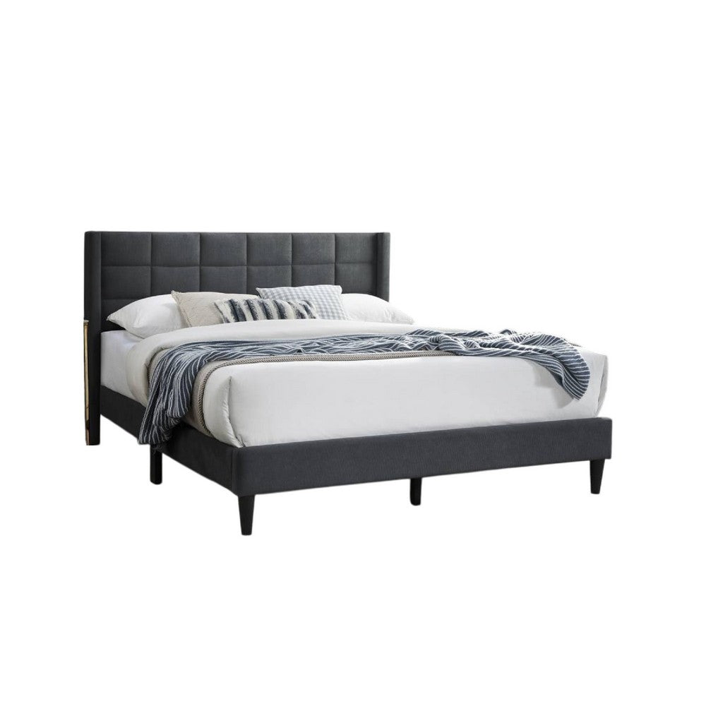 Benjara Meno Queen Size Bed, Square Stitched Charcoal Gray Linen Upholstery