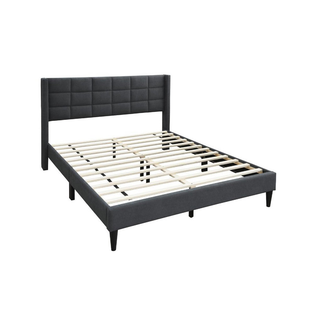 Benjara Meno Queen Size Bed, Square Stitched Charcoal Gray Linen Upholstery
