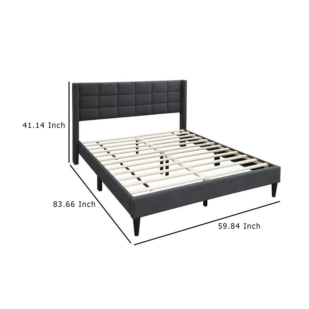 Benjara Meno Queen Size Bed, Square Stitched Charcoal Gray Linen Upholstery