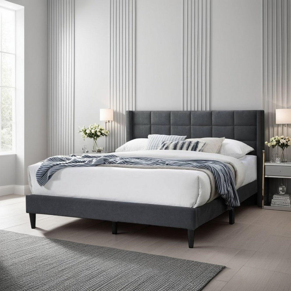 Benjara Meno Queen Size Bed, Square Stitched Charcoal Gray Linen Upholstery