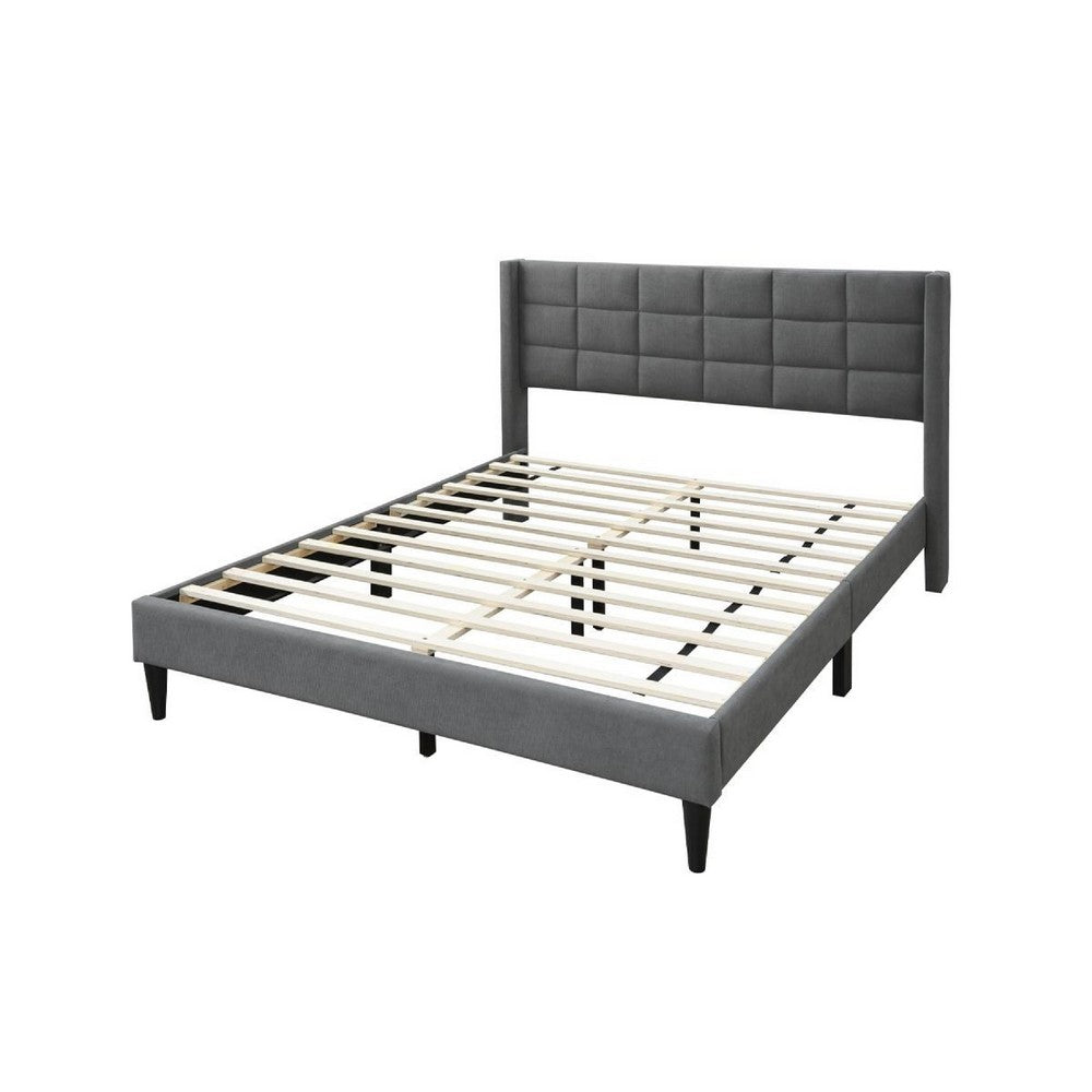 Benjara Meno Queen Size Bed, Square Stitched Slate Gray Linen Upholstery