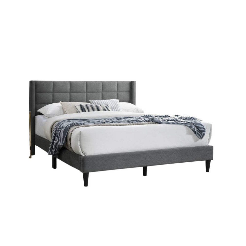 Benjara Meno Queen Size Bed, Square Stitched Slate Gray Linen Upholstery