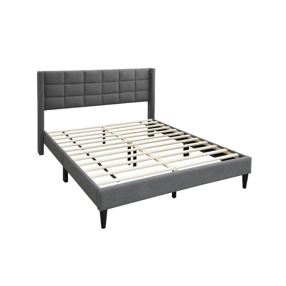 Benjara Meno Queen Size Bed, Square Stitched Slate Gray Linen Upholstery