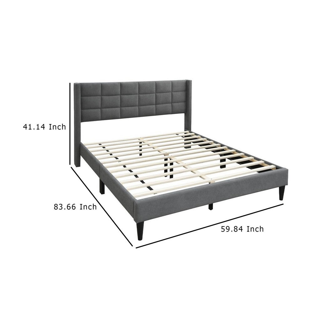 Benjara Meno Queen Size Bed, Square Stitched Slate Gray Linen Upholstery