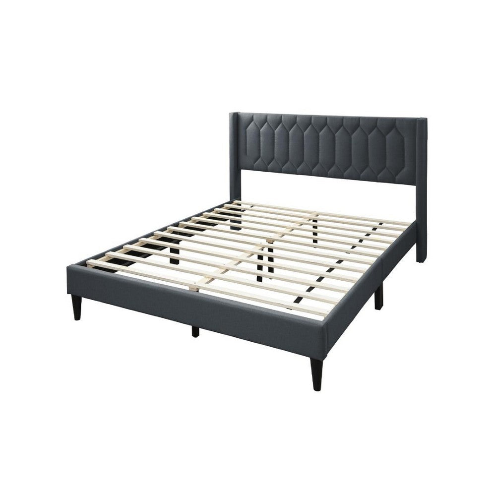 Benjara Jeo Queen Size Bed, Geometric Stitched Charcoal Gray Burlap Upholstery