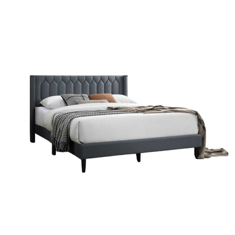 Benjara Jeo Queen Size Bed, Geometric Stitched Charcoal Gray Burlap Upholstery