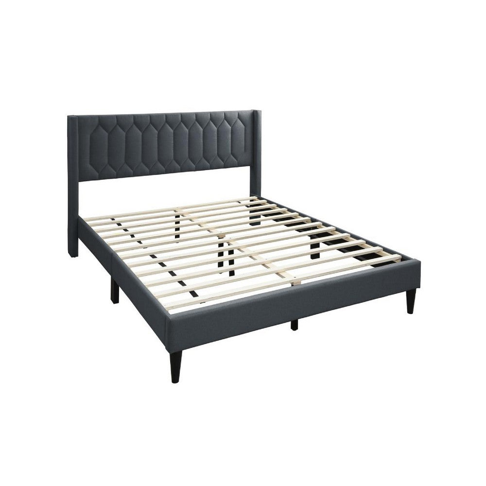 Benjara Jeo Queen Size Bed, Geometric Stitched Charcoal Gray Burlap Upholstery