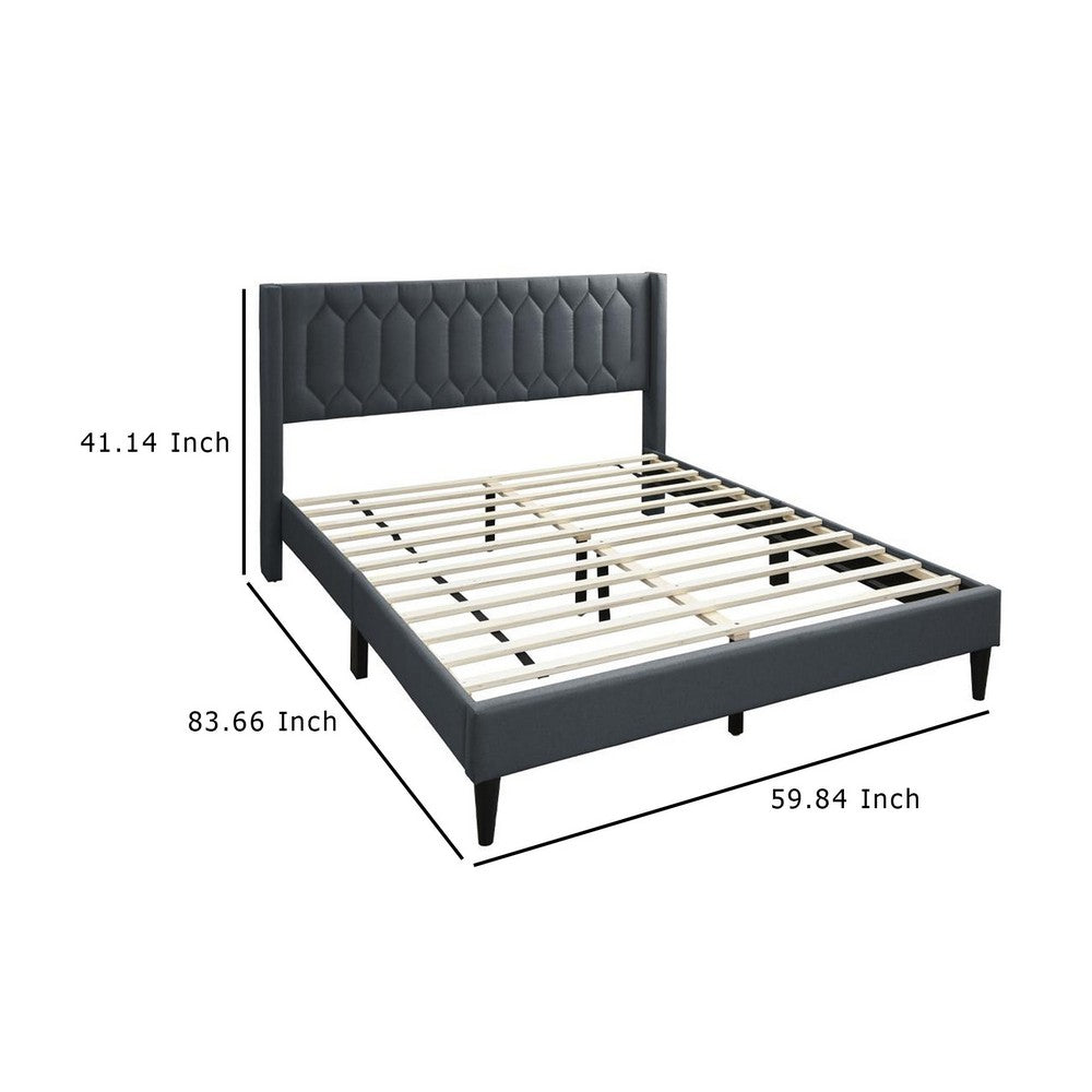 Benjara Jeo Queen Size Bed, Geometric Stitched Charcoal Gray Burlap Upholstery