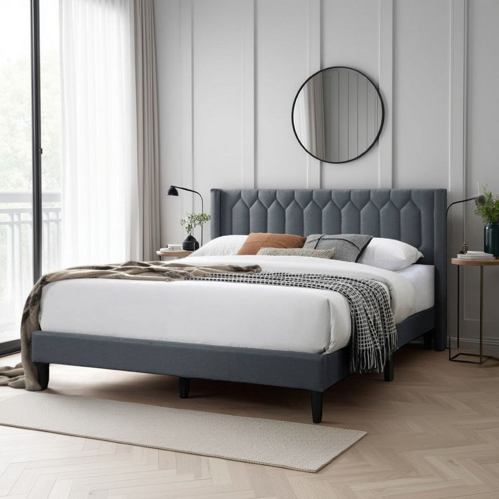 Benjara Jeo Queen Size Bed, Geometric Stitched Charcoal Gray Burlap Upholstery