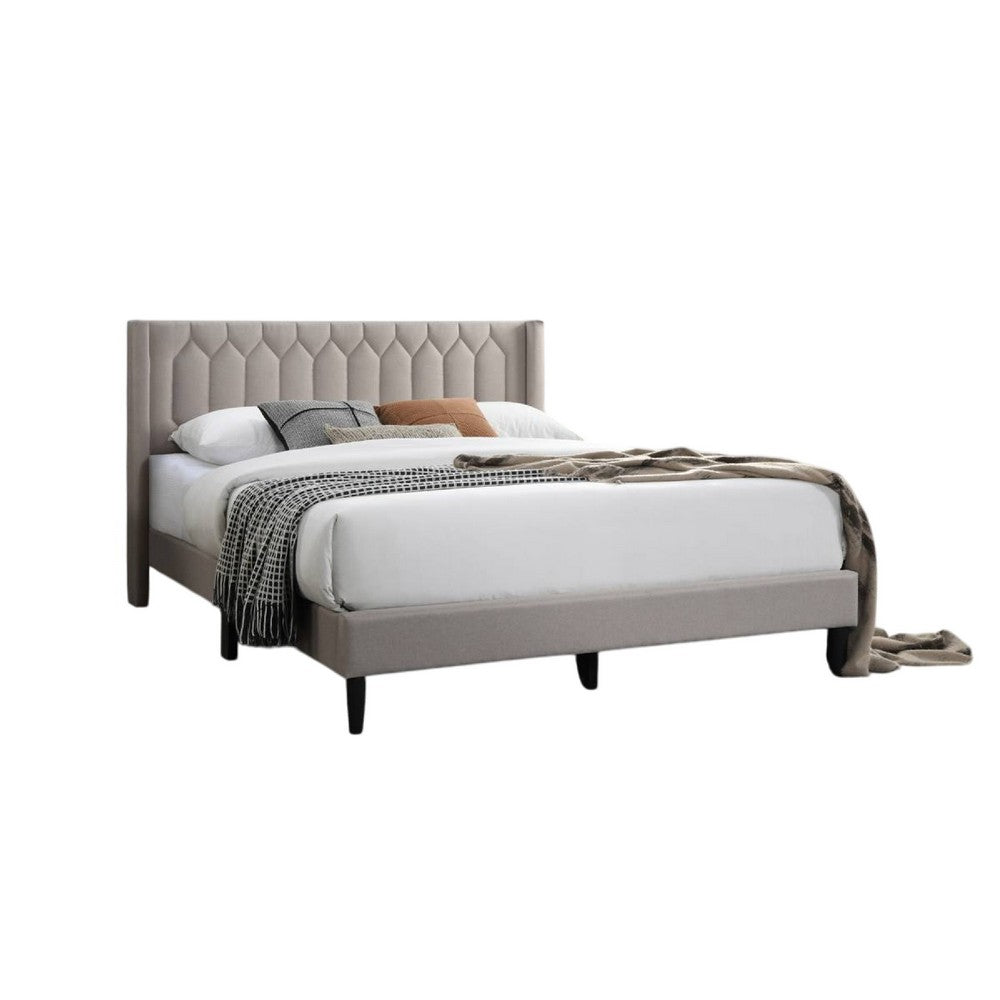 Benjara Jeo Queen Size Bed, Geometric Stitched Light Brown Burlap Upholstery