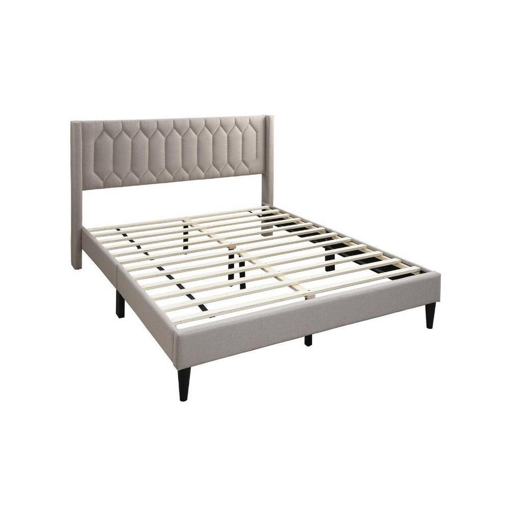 Benjara Jeo Queen Size Bed, Geometric Stitched Light Brown Burlap Upholstery