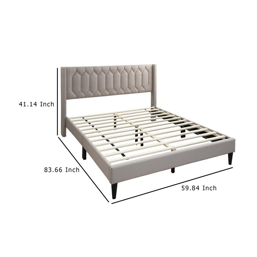 Benjara Jeo Queen Size Bed, Geometric Stitched Light Brown Burlap Upholstery