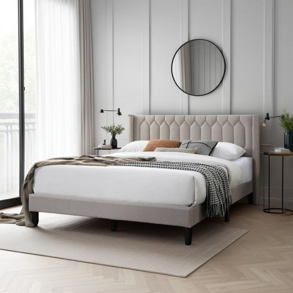 Benjara Jeo Queen Size Bed, Geometric Stitched Light Brown Burlap Upholstery