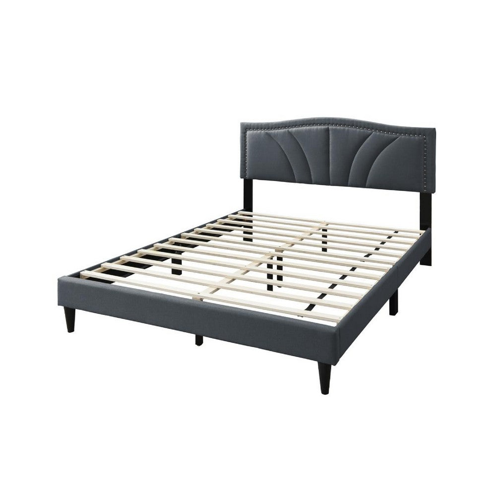 Benjara Reo Queen Size Bed, Charcoal Gray Burlap Upholstered Curved Headboard