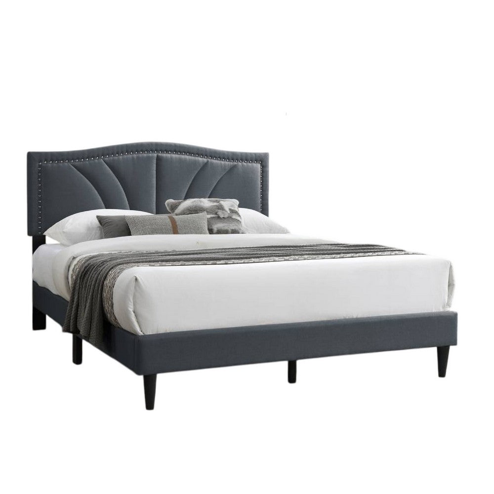 Benjara Reo Queen Size Bed, Charcoal Gray Burlap Upholstered Curved Headboard