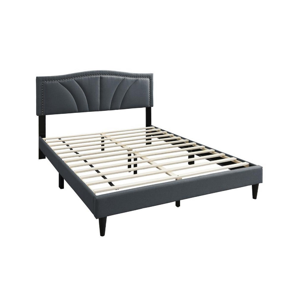 Benjara Reo Queen Size Bed, Charcoal Gray Burlap Upholstered Curved Headboard