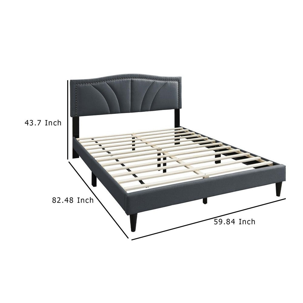 Benjara Reo Queen Size Bed, Charcoal Gray Burlap Upholstered Curved Headboard