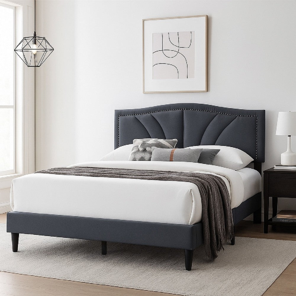 Benjara Reo Queen Size Bed, Charcoal Gray Burlap Upholstered Curved Headboard