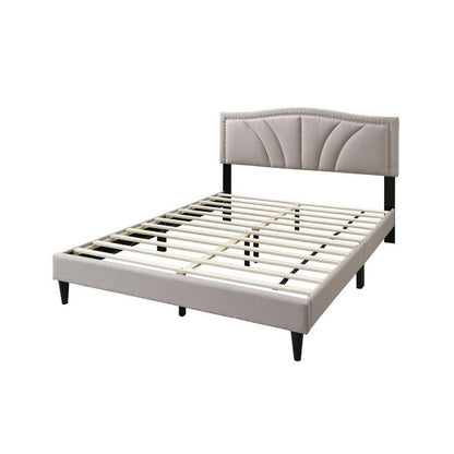 Benjara Reo Queen Size Bed, Light Brown Burlap Upholstered Curved Headboard