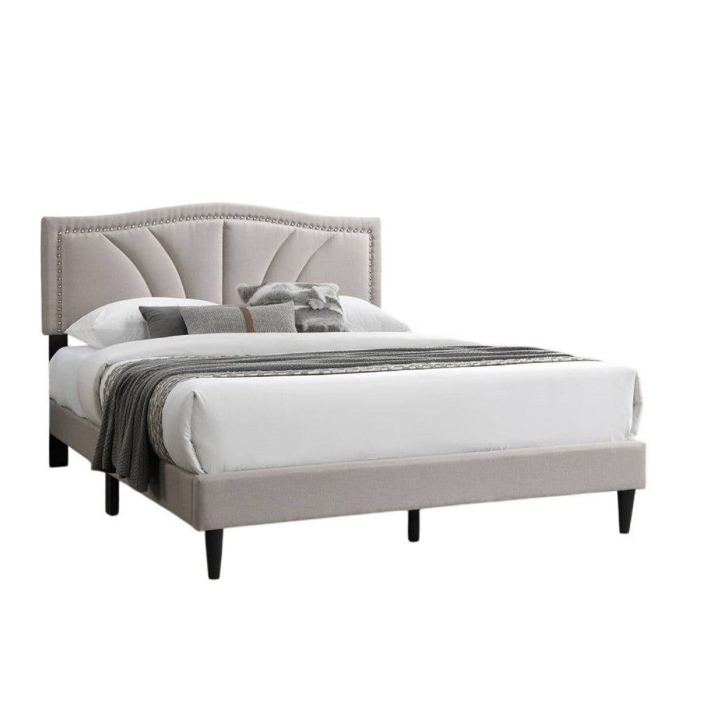 Benjara Reo Queen Size Bed, Light Brown Burlap Upholstered Curved Headboard